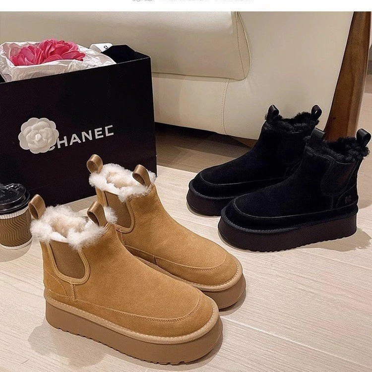 厚底雪地靴女皮毛一体短筒加绒加厚棉鞋2024新款东北增高马丁靴