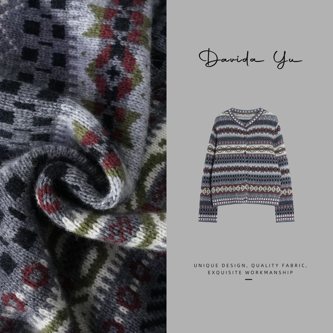 Davida Yu【格林】费尔岛复古撞色开衫冬季长袖时尚针织衫1568522