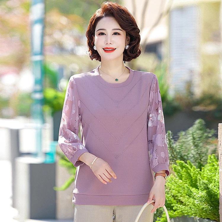 25新款中老年女装圆领春夏薄款烫钻显瘦拼接乔其纱七分袖上衣