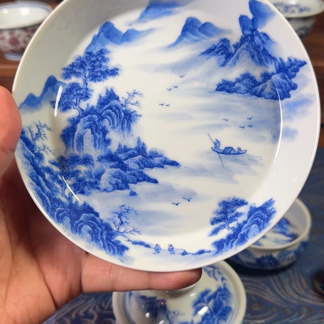 景德镇全手工手绘青花山水壶承