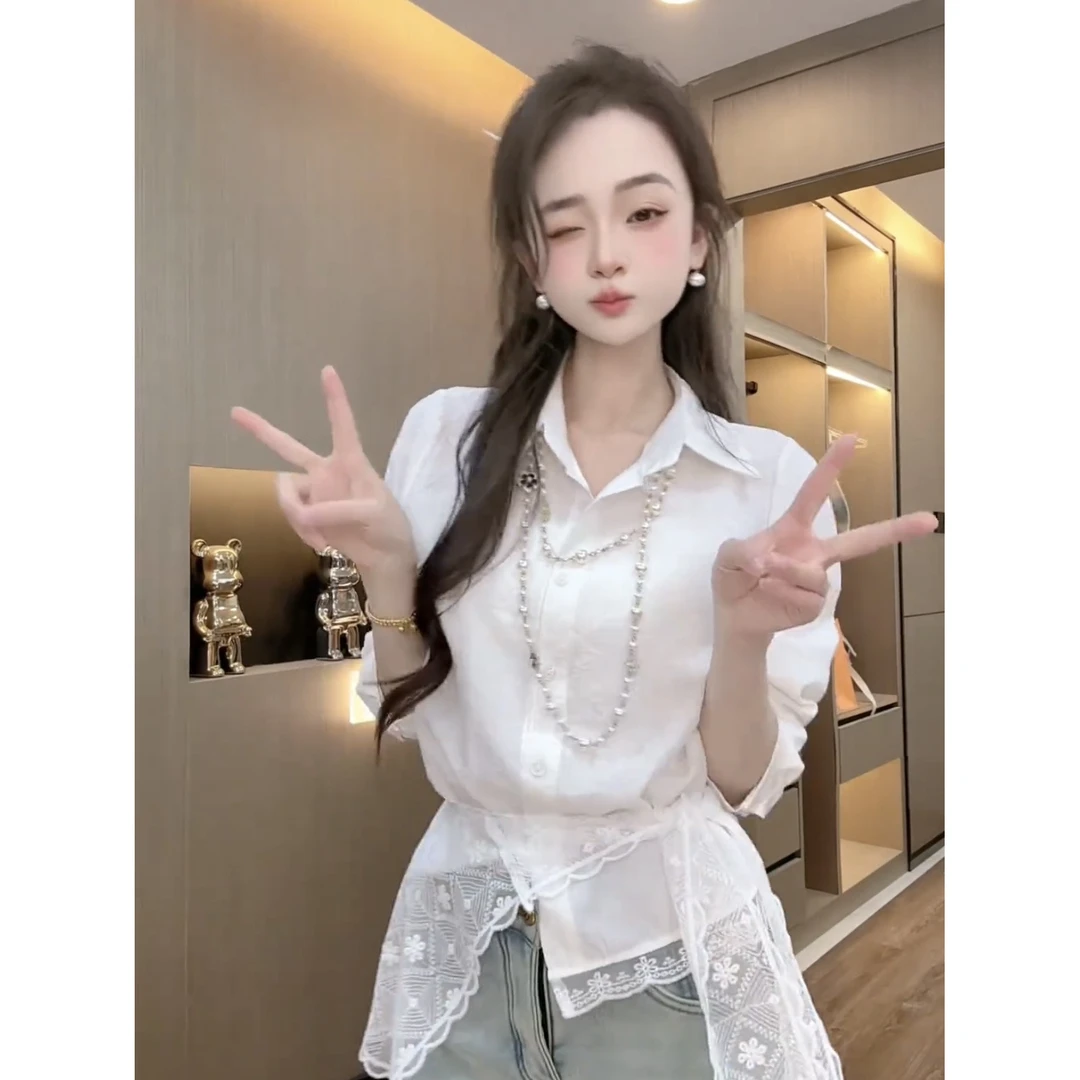 【秀宝女装】春季新款百搭蕾丝披肩+蕾丝边衬衫设计感小众叠穿开衫
