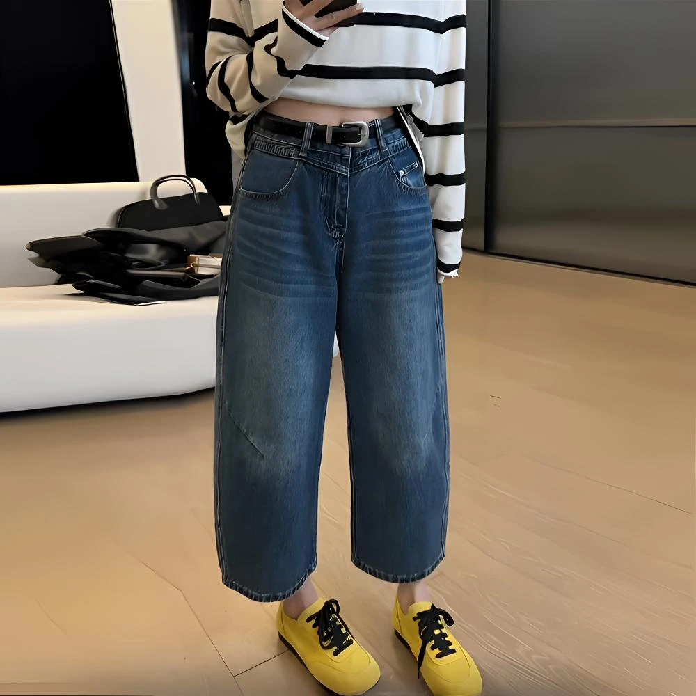九分阔腿牛仔裤女2025春夏新款老爹裤大码哈伦裤胖mm九分萝卜裤子