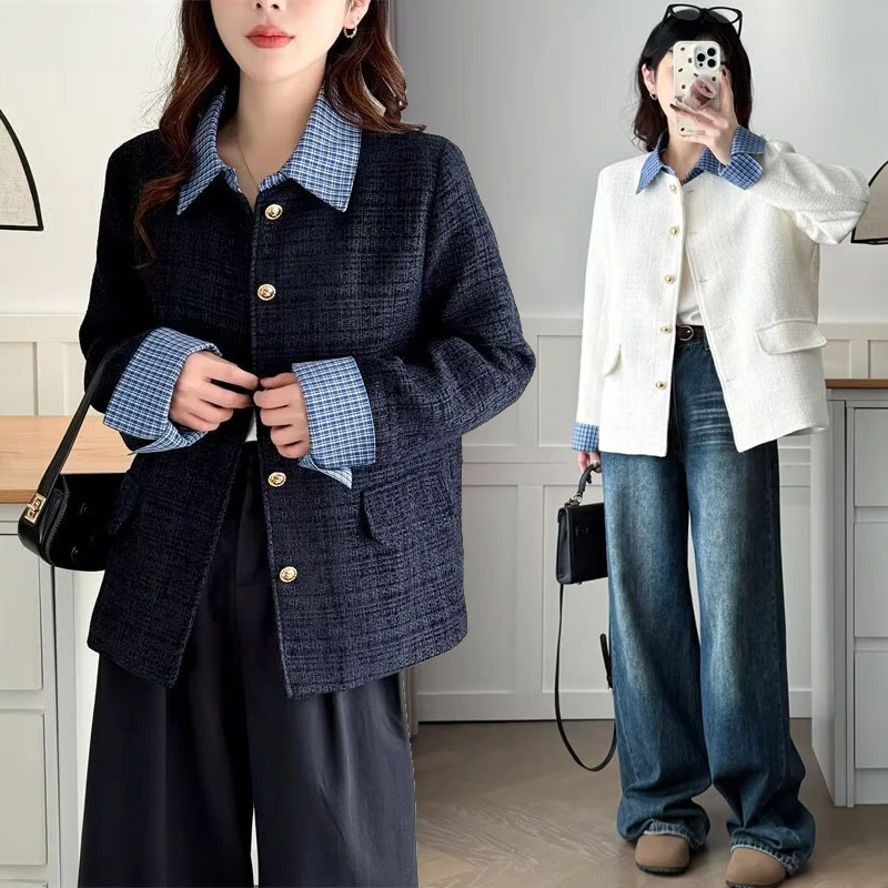 大码女装春季新款法式假两件小香风时尚外套百搭宽松气质上衣-660