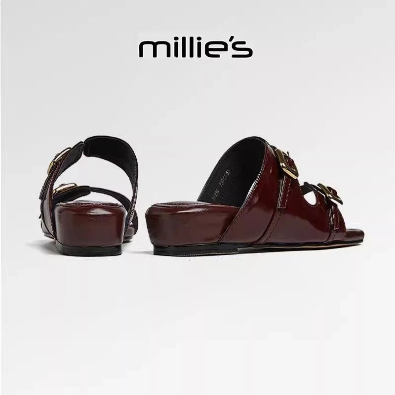 MILLIE'S/妙丽外穿平底女鞋 扣带酒红色拖鞋夏季简约百搭时尚鞋