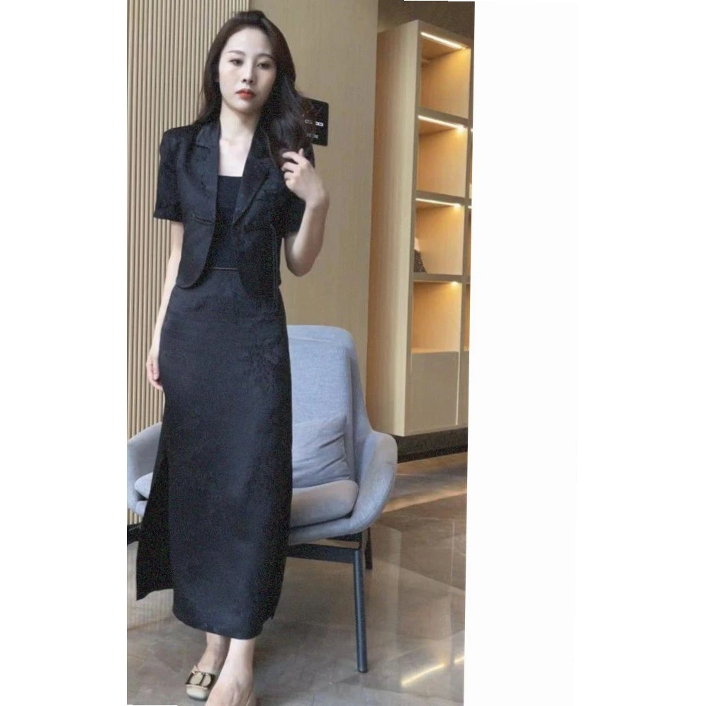 复古气质西装盘扣套装女2023年夏季上衣+半身裙两件套