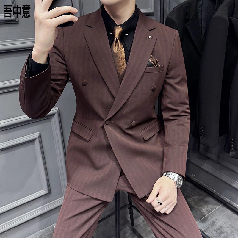 暗条纹一粒双排扣西装男套装三件套修身商务正装宴会结婚休闲西服