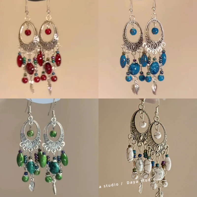 新中式民族风做旧流苏耳环女 小众仙气质异域度假风耳夹