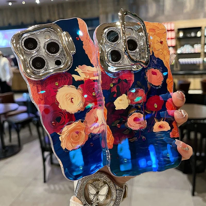 适用苹果系列iPhone16新款手机壳水彩玫瑰插画全包隐形支架镜头膜