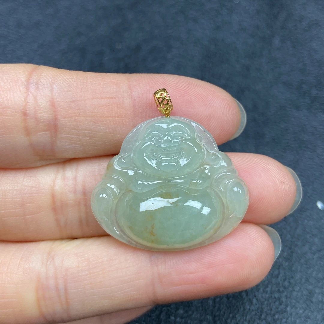 18k扣头冰润带黄精美佛公吊坠天然翡翠a货 尺寸29×25×6.1mm