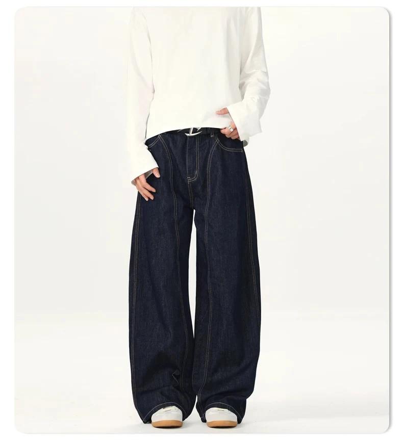 【慌慌】美式复古立体弧形拼接线港风设计师高街阔腿牛仔裤N6036