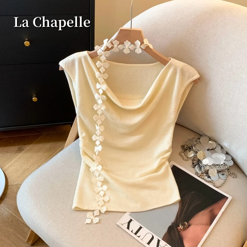 拉夏贝尔法式荡领飘带冰丝上衣女夏季新款飞飞袖收腰气质短袖小衫