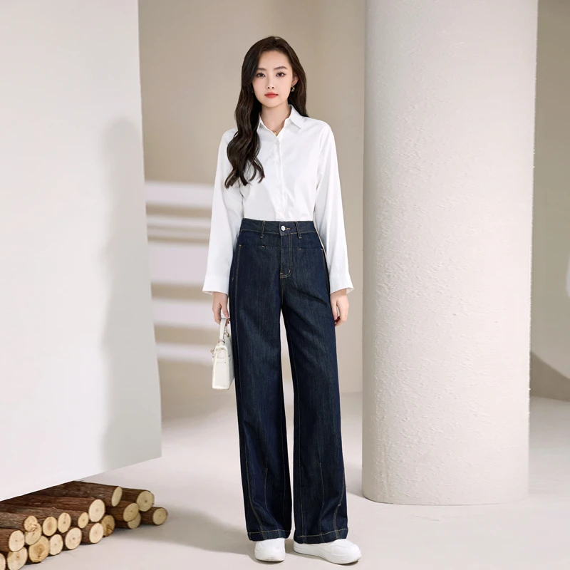 30002直筒型窄版阔腿牛仔裤女高腰遮肉阔腿休闲简约牛仔女裤新款