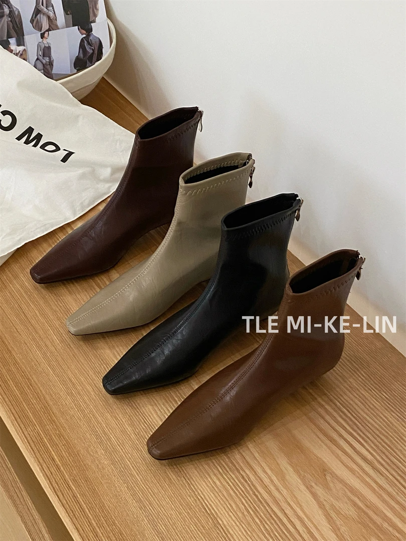 1618-3尖头短靴女粗跟瘦瘦靴百搭软皮低跟后拉链短筒女靴子