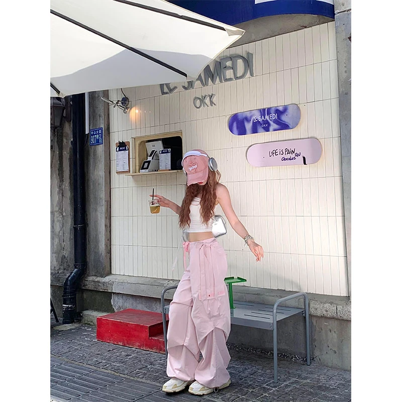 韩系纯欲慵懒风女装辣妹抹胸上衣夏季宽松美式高街粉色阔腿工装裤