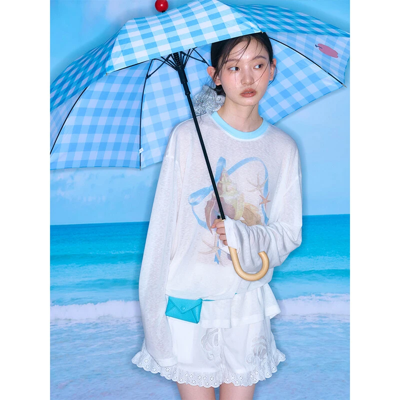 有耳uare原创设计 海洋宝贝 蝴蝶结海螺贝壳天丝罩衫T恤T85N11001