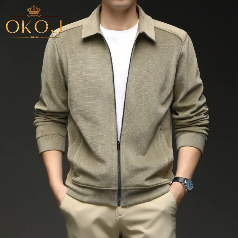 OKOJ休闲夹克男外套时尚轻奢抓绒保暖秋季新款翻领开衫运动茄克衣