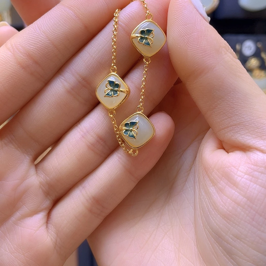 和田玉银S925镀金镶嵌手链