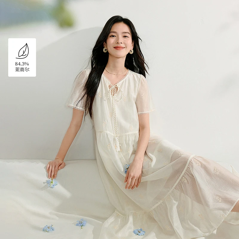 【一秒入夏】茵曼夏季凉感莱赛尔刺绣系带连衣裙女浪漫气质宽松裙子