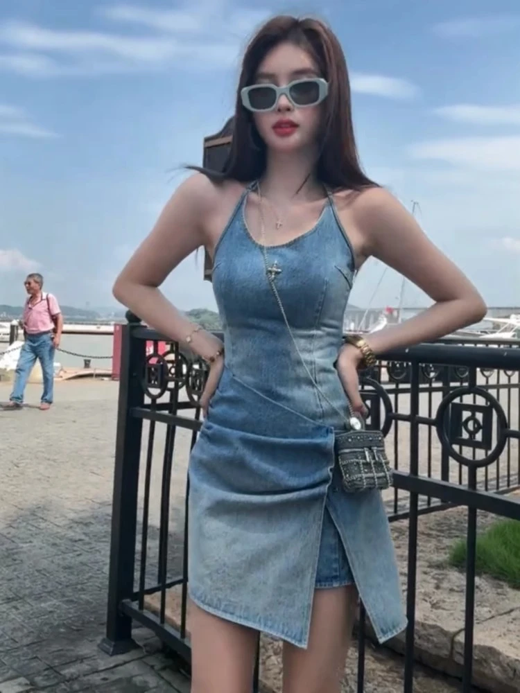 【丹宁美学】美式复古修身无袖挂脖牛仔连衣裙女夏季小众显瘦短裙子