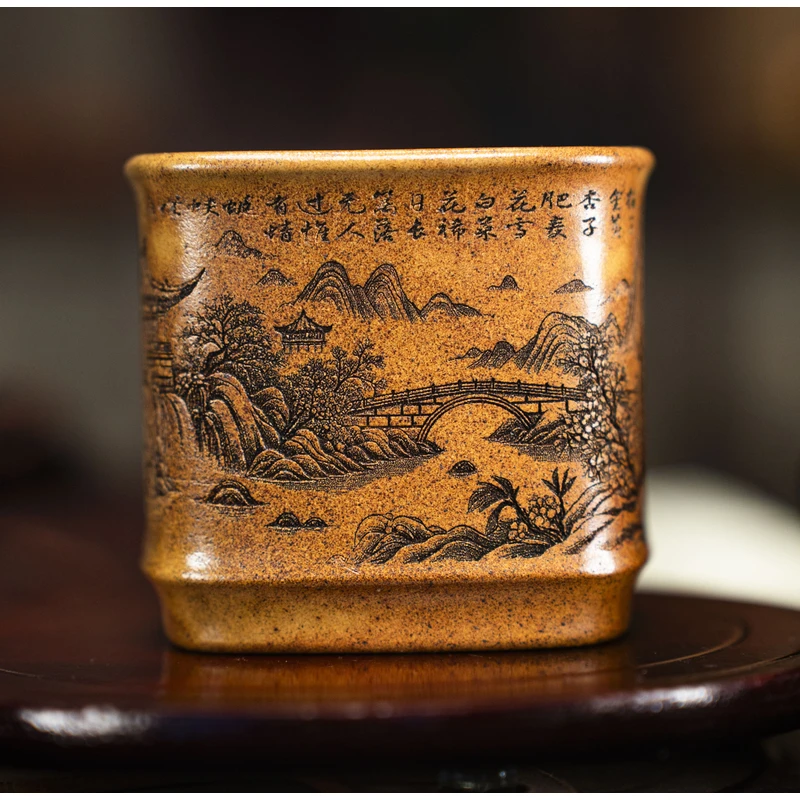 7568宜兴紫砂手工浮雕刻绘四方江南水乡柴烧主人杯GQF陶瓷泡茶杯
