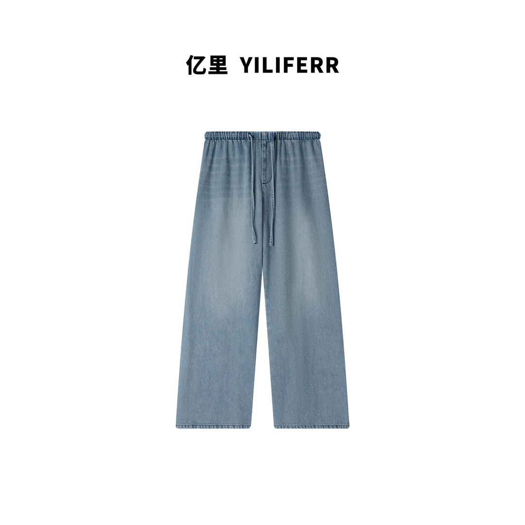 【YILI大码品牌】垂感满分松弛褶皱松紧腰夏季时尚休闲牛仔裤Y0774