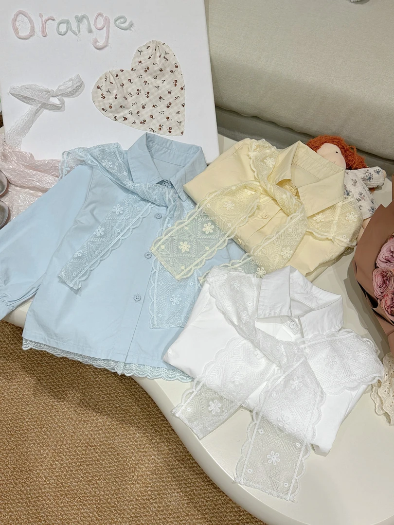 【橘子家】现货~女童纯色衬衫2025春款蕾丝搭肩衬衣HS61141（送披肩）