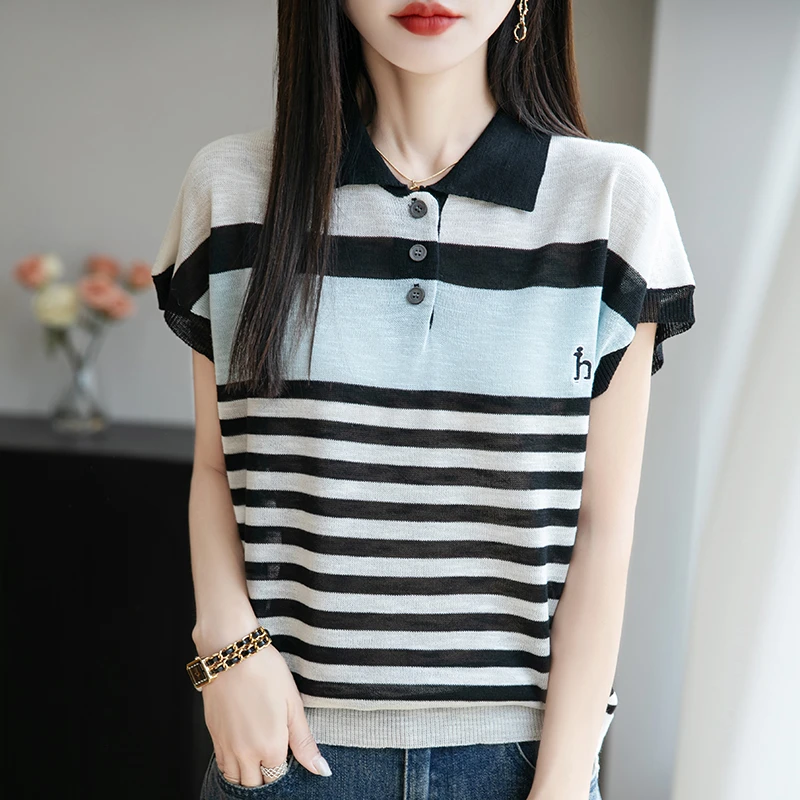 品牌夏季新款欧若风宽松撞色条纹翻领短袖针织T恤女时尚宽松薄款