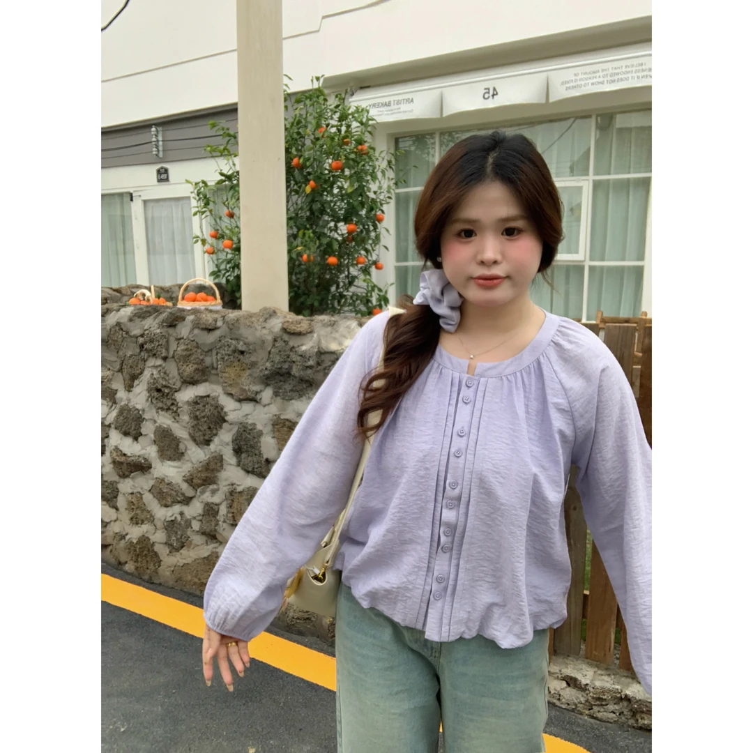 【紫木香调】大头婷微胖定制春夏衬衣圆领开扣长袖上衣