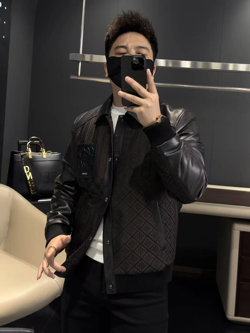 【马哥严选】2025秋季新款翻领提花夹克高级轻奢潮流百搭拼皮条外套