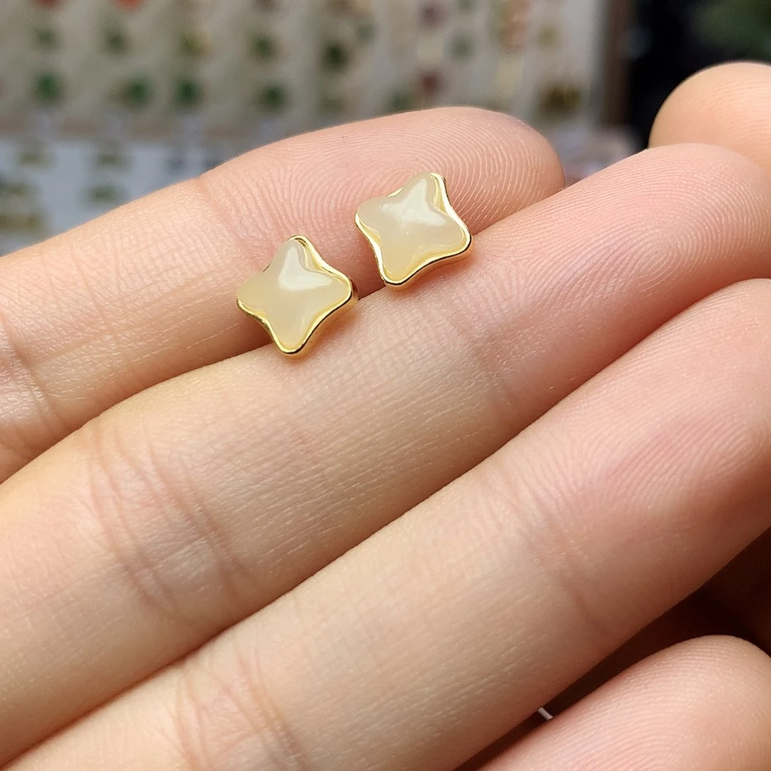 银S925镀金镶嵌和田玉（白玉）耳饰