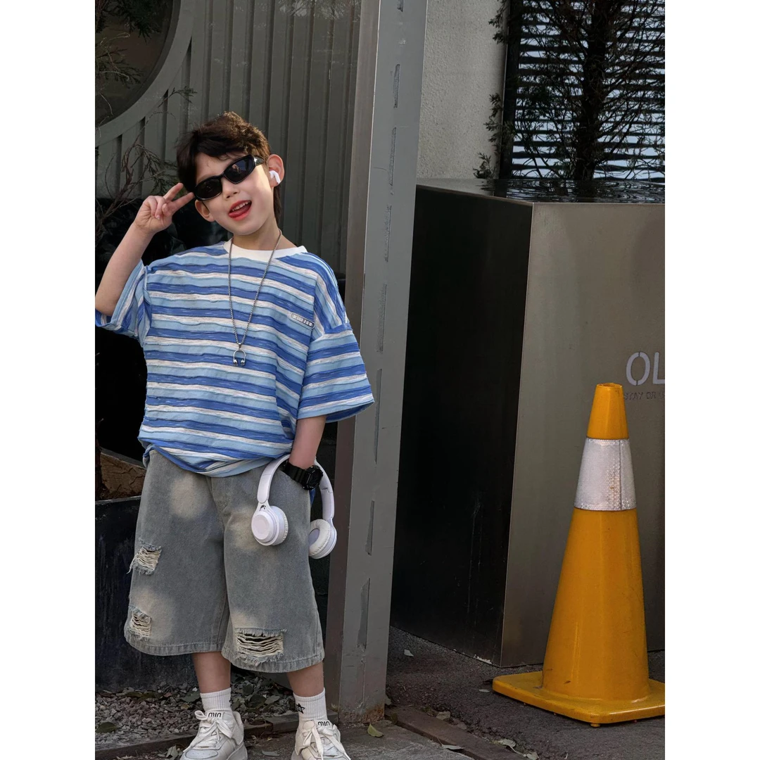 男童韩系穿搭百棉宽松条纹t恤春秋装2025新款儿童打底衫长袖上衣