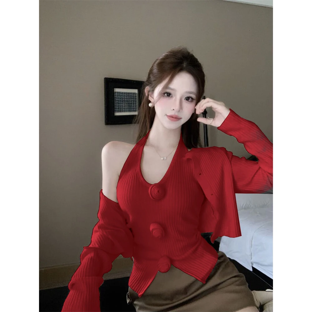 实拍 挂脖内搭针织小背心+长袖宽松开衫短款气质早秋秋季洋气