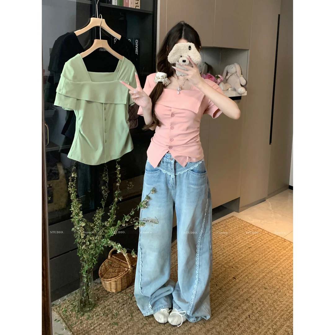 微胖大码欧若风2025夏季新款设计感扣子纯色短袖修身遮肉显瘦上衣