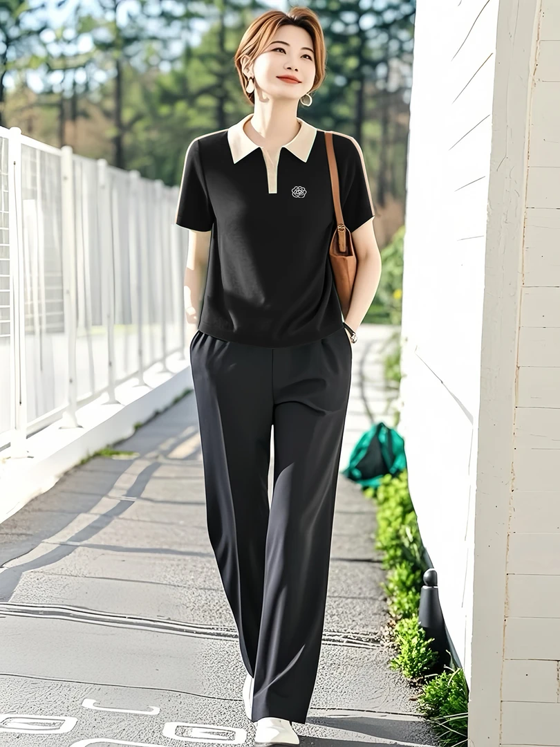 中年时尚套装女士夏季新款小个子洋气休闲POLO衫短袖直筒裤两件套