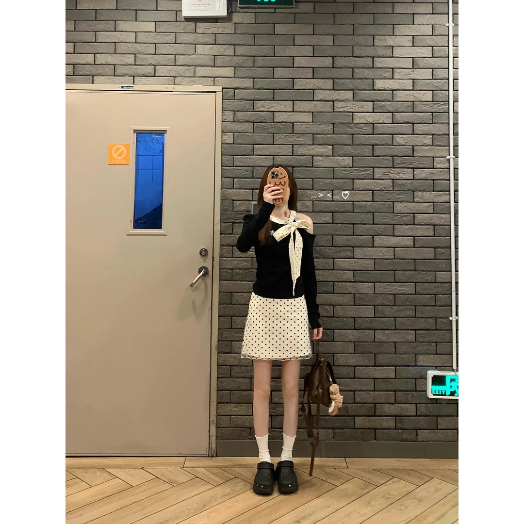 韩版穿搭一整套女秋季露肩长袖针织衫毛衣波点高腰半身裙两件套