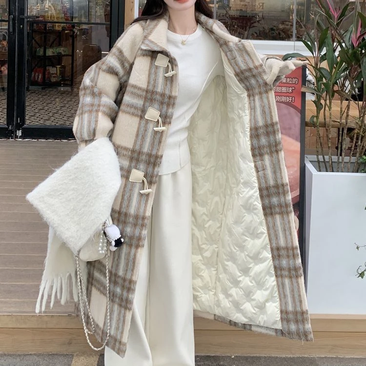 大码加棉内里格子毛呢外套2025新款高级感冬季加厚长款呢子大衣女