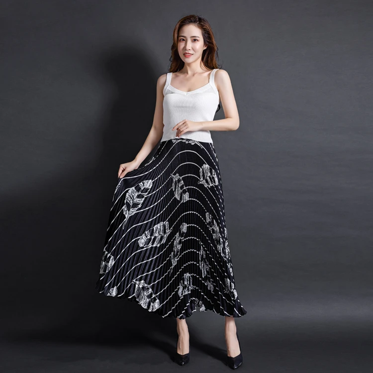 2025印花条纹半身裙显瘦A字大摆裙气质高腰夏季百褶女裙时尚