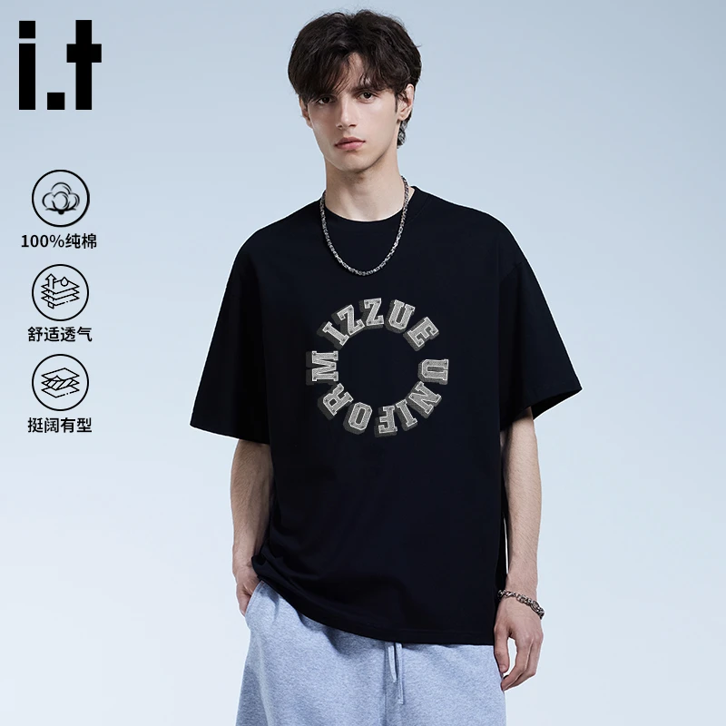 i.t izzue高级感男装短袖机械立体字母半袖男夏季宽松重磅纯棉t恤