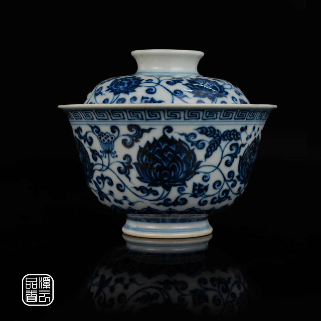 不晓堂 景德镇柴窑手工手绘陶瓷青花缠枝莲玉兰盖碗盖杯泡茶碗