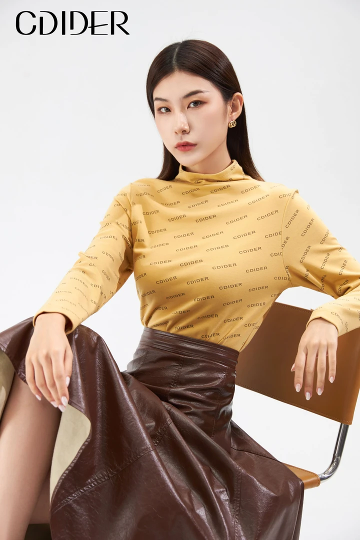女士羊绒蛋白满印高领衫WI511121长袖时尚百搭棕色修身秋冬气质