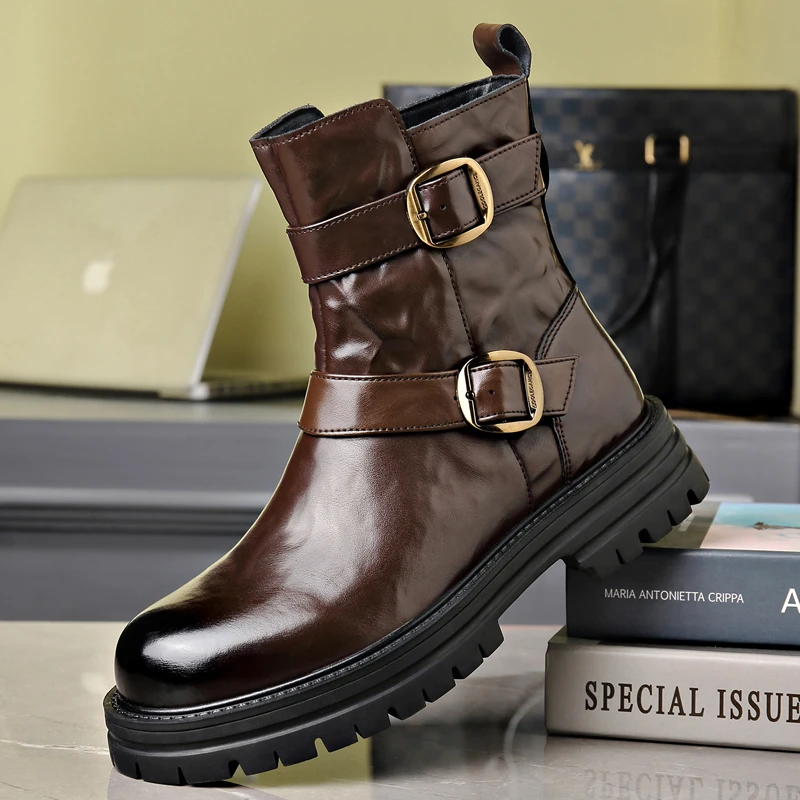 头层牛皮切尔西靴男靴冬季加绒保暖增高马丁靴高帮商务棉鞋皮靴