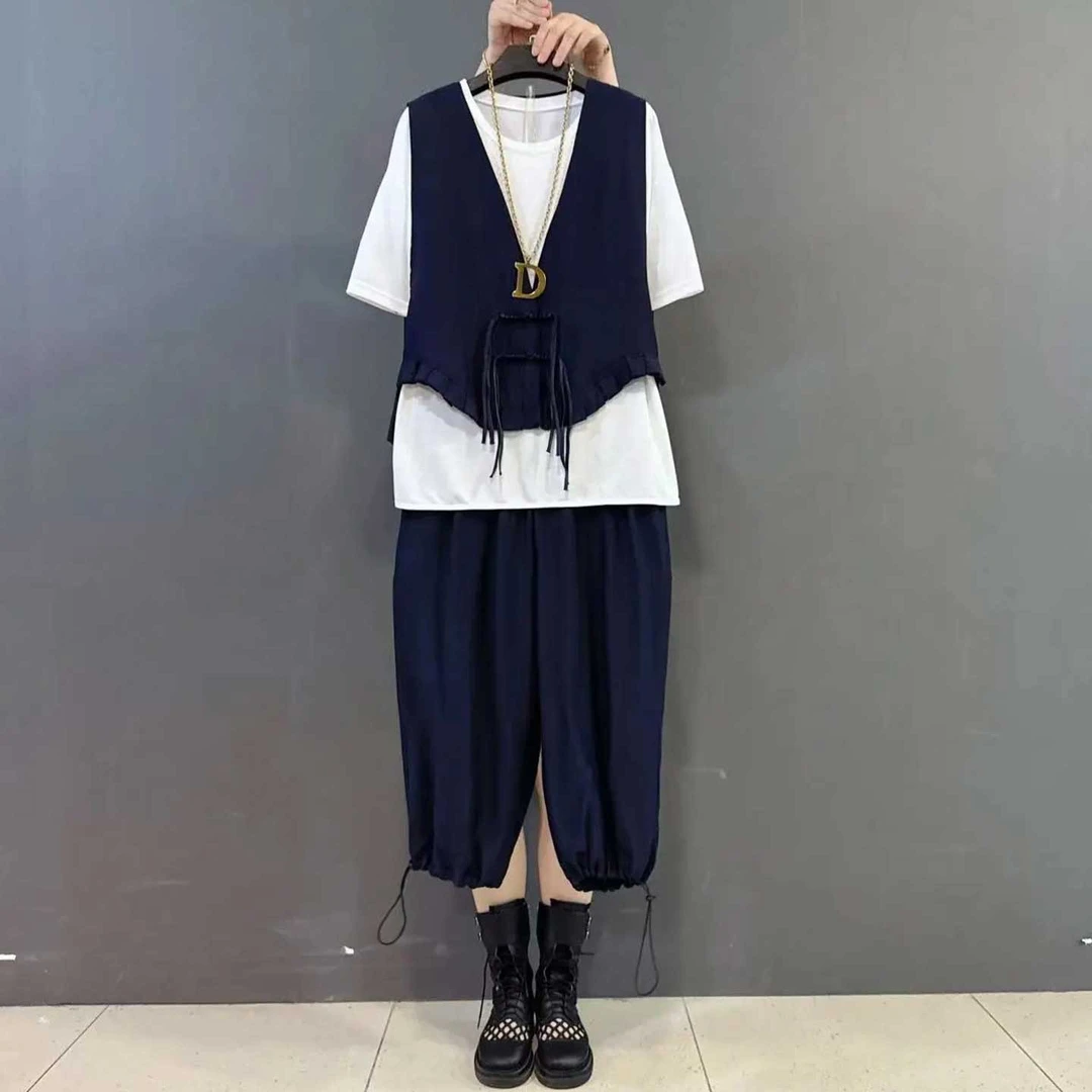 5夏季新款时尚减龄大码MM显瘦遮肉百搭盘扣马甲T裤子三件套