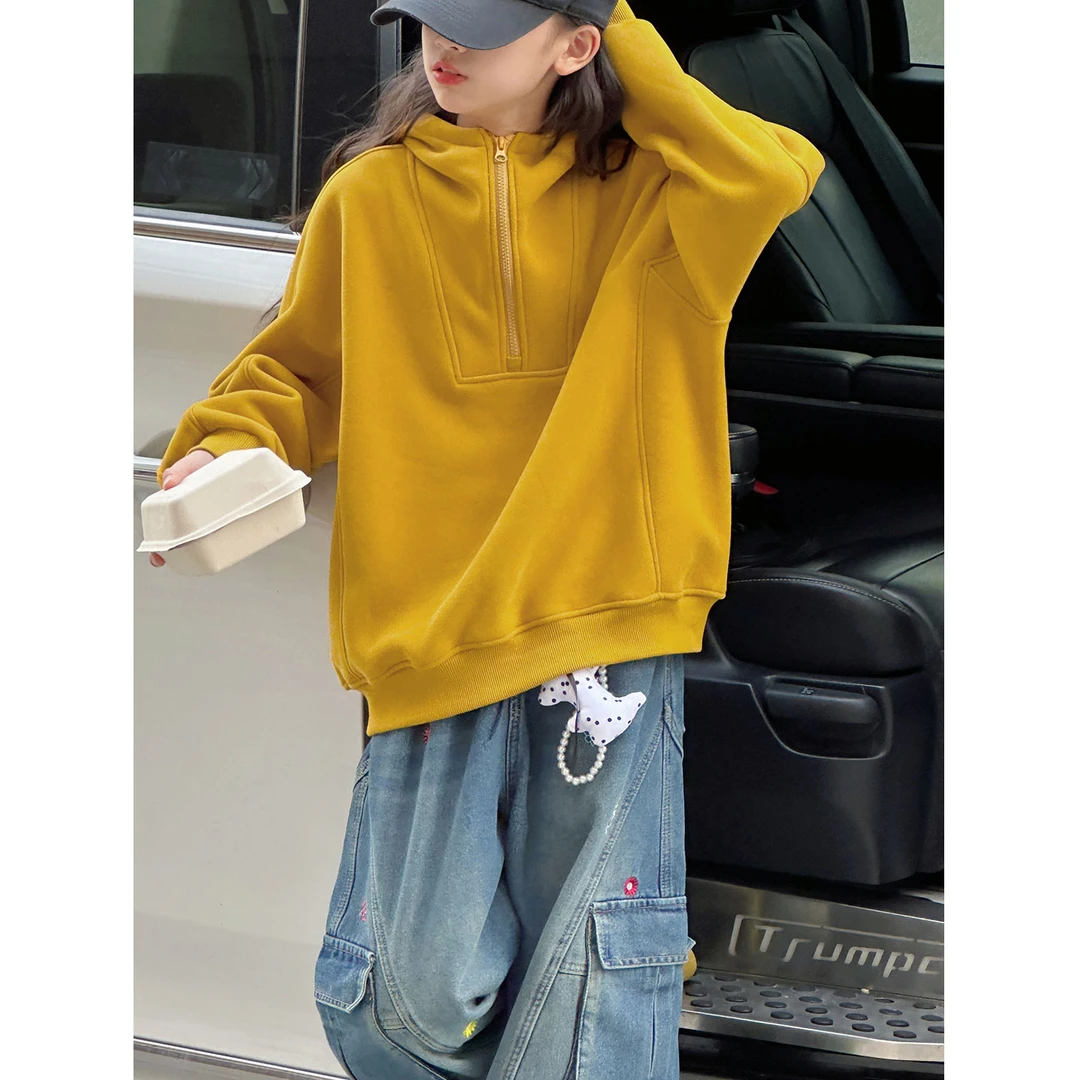 K30159孙小美半拉链女童连帽卫衣2025新款秋冬装儿童加绒加厚上衣