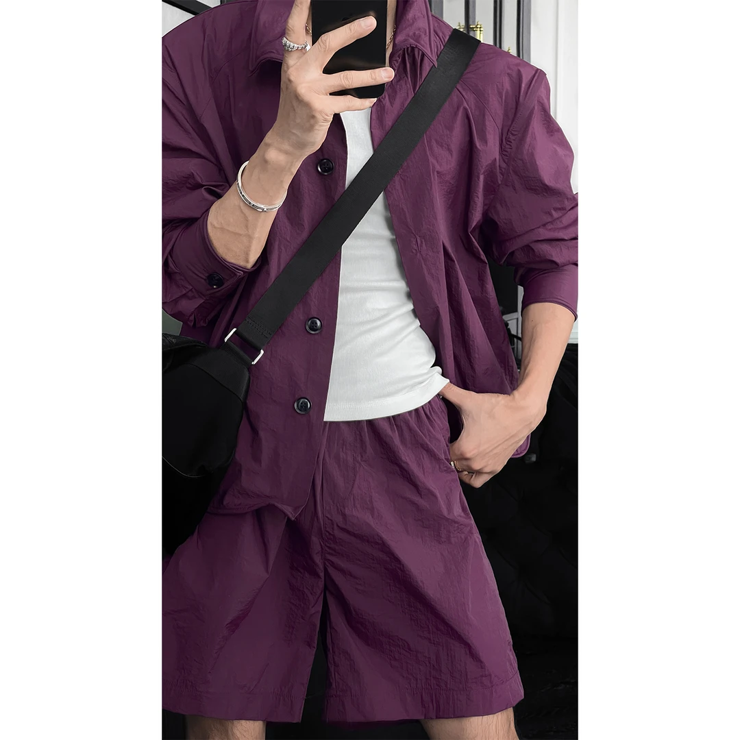 龙叨叨夏季新款潮流纯色简约户外防晒百搭长袖衬衫宽松短裤一套装