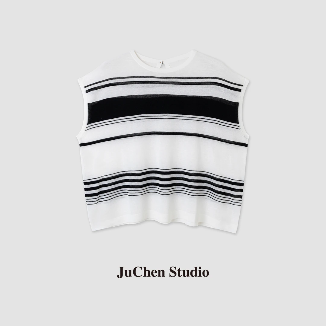 16支天丝亚麻经典黑白条纹落肩宽松显瘦针织T恤 SS103048-16