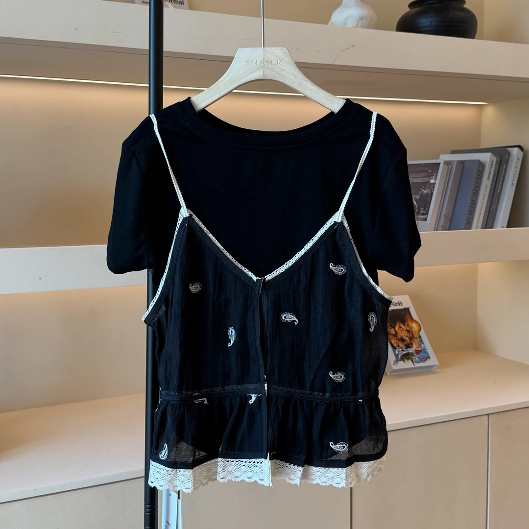 JAS 今屿 法式复古设计感气质蕾丝拼接短袖上衣qc JY252-XA-1233