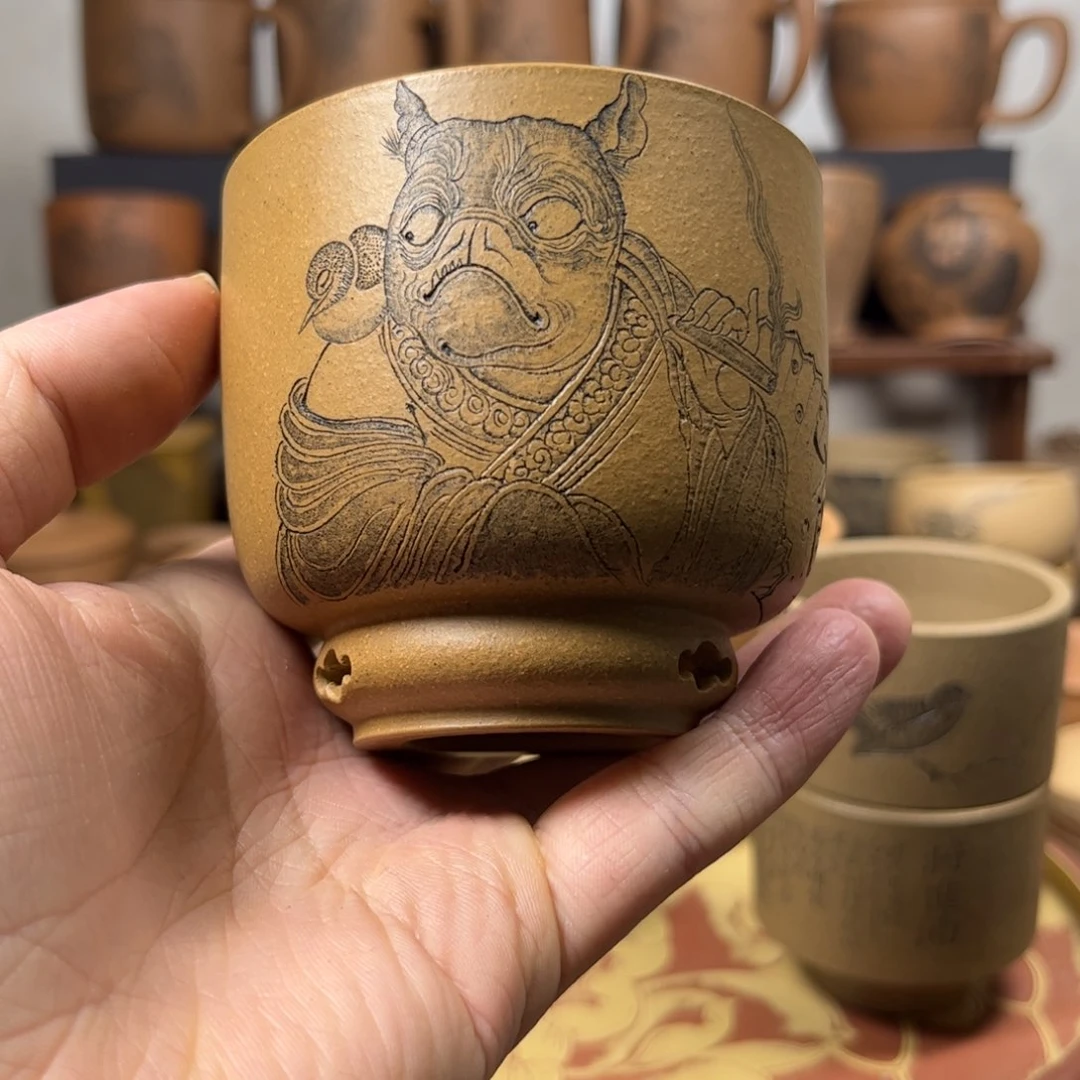 紫砂杯子阿***格微瑕疵无锦盒法斗刻绘紫砂主人杯