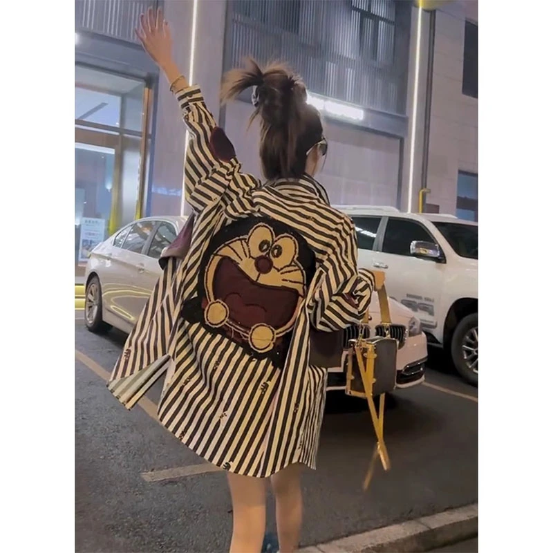 韩版百搭宽松卡通刺绣polo领衬衫欧洲站2025春季新款洋气条纹上衣