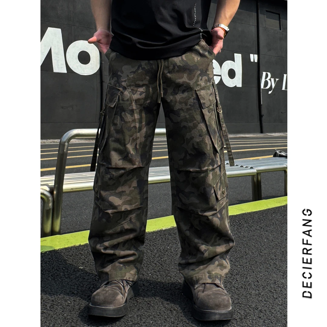 2025春季新款美式复古迷彩工装裤多口袋高街微喇宽松百搭休闲裤