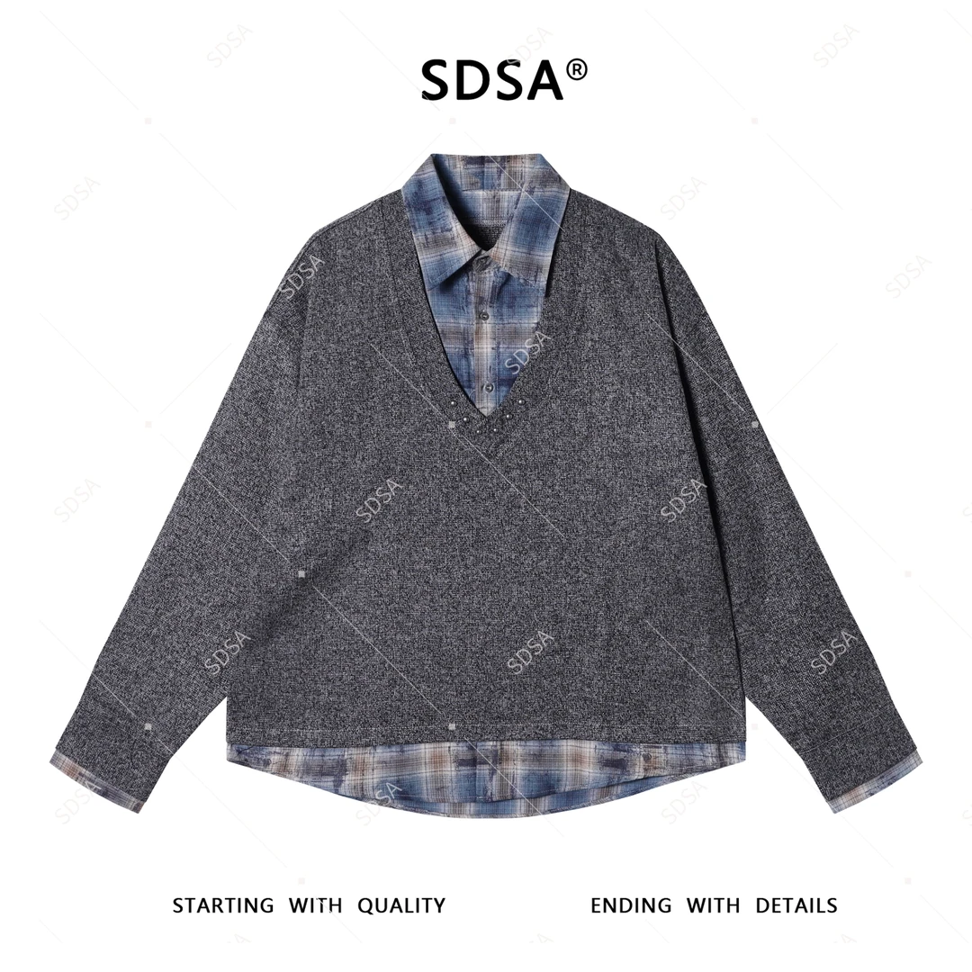 SDSA男士秋冬新款轻奢痞帅男装韩版撞色格子翻领假两件衬衫复古潮